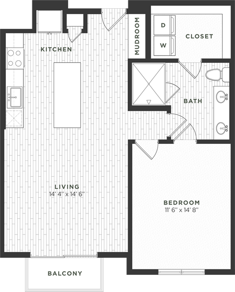 Floor plan for 1 bed, 1 bath, 842 sqft